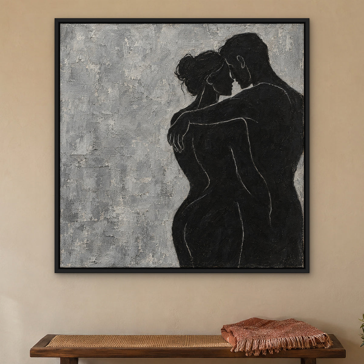 Embrace in Black, black and white abstract hand-painted canvas wall art in a bedroom – Gallery 23