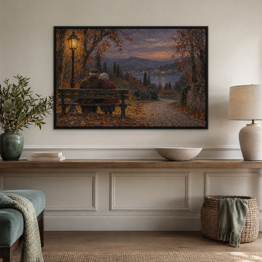 Lamplit Autumn Lovers, blue figurative hand-painted canvas wall art in a hallway – Gallery 23