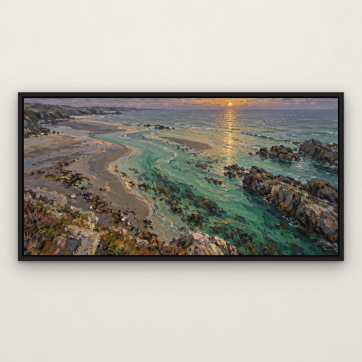Emerald Sunset Shore, green seascape hand-painted canvas wall art in a slim black float frame – Gallery 23