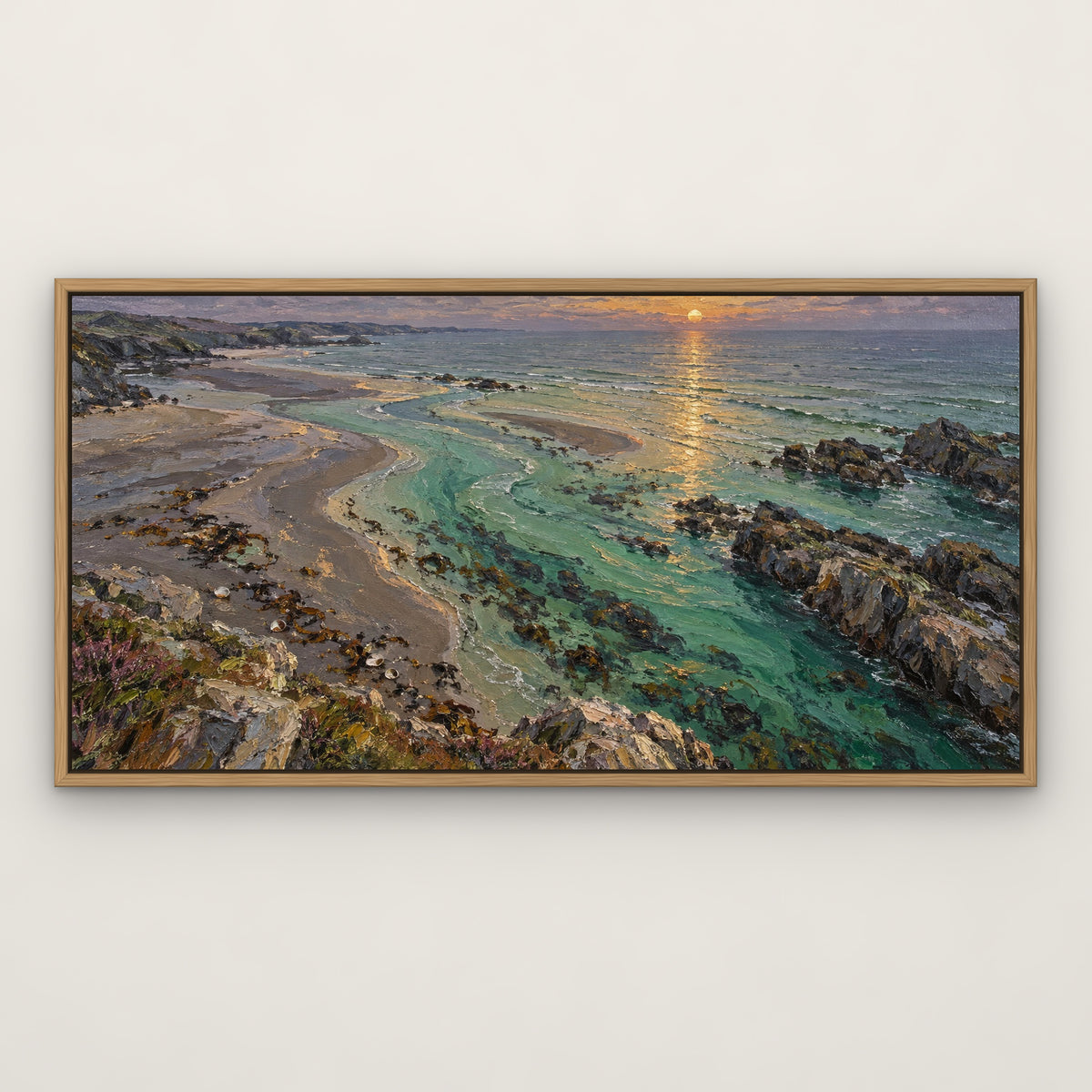 Emerald Sunset Shore, green seascape hand-painted canvas wall art in a slim oak float frame – Gallery 23
