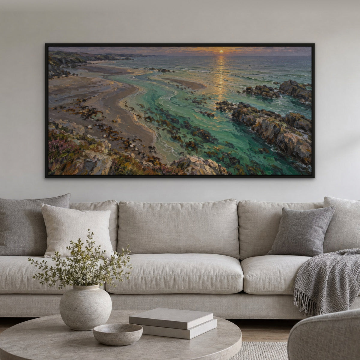 Emerald Sunset Shore, green seascape hand-painted canvas wall art in a living room – Gallery 23