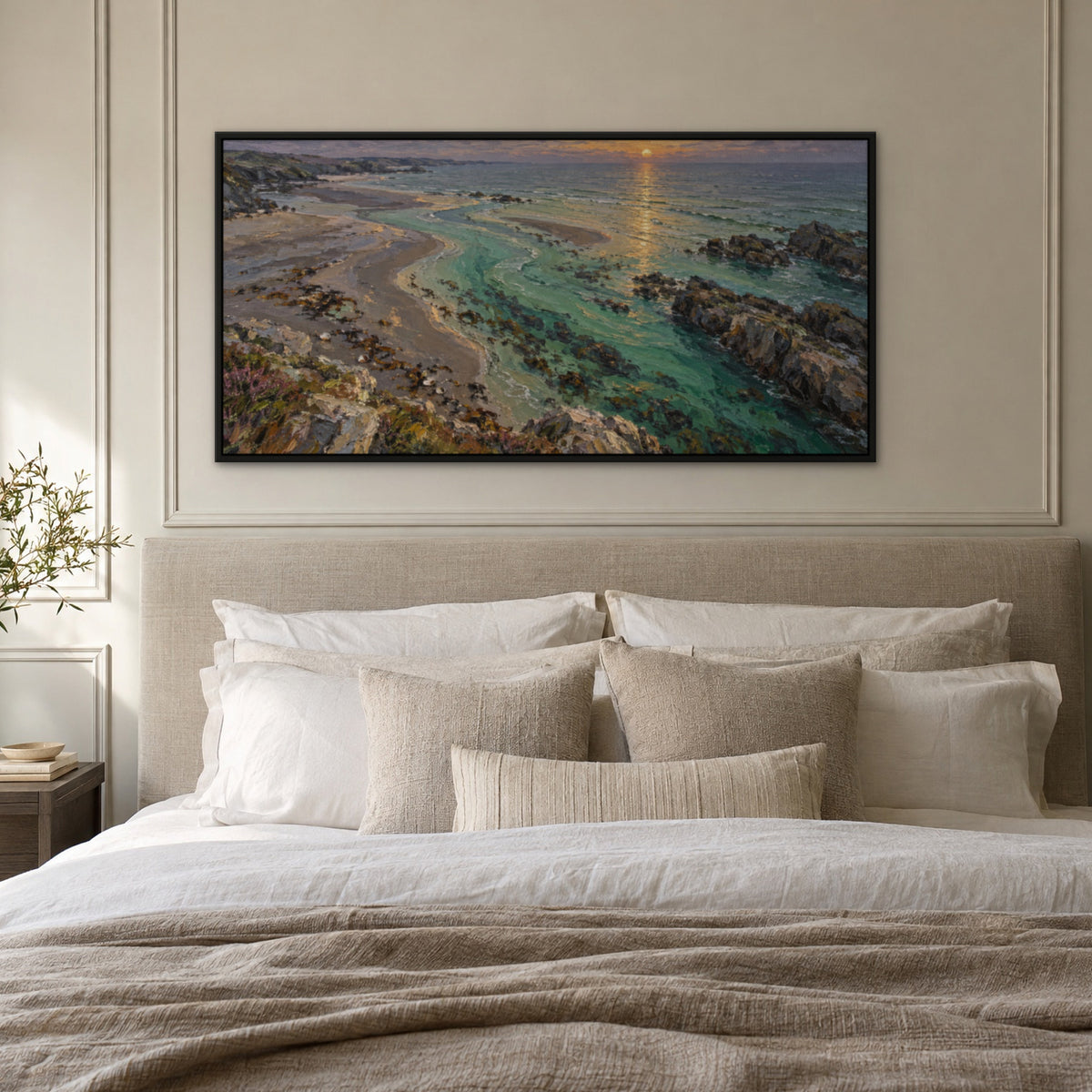 Emerald Sunset Shore, green seascape hand-painted canvas wall art in a bedroom – Gallery 23