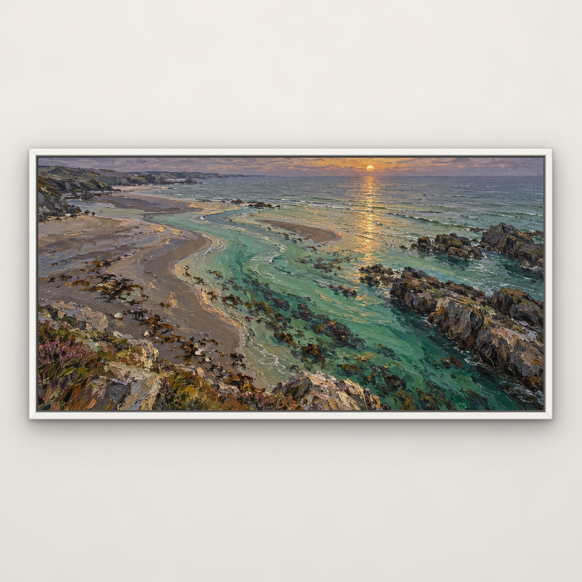 Emerald Sunset Shore, green seascape hand-painted canvas wall art in a slim white float frame – Gallery 23