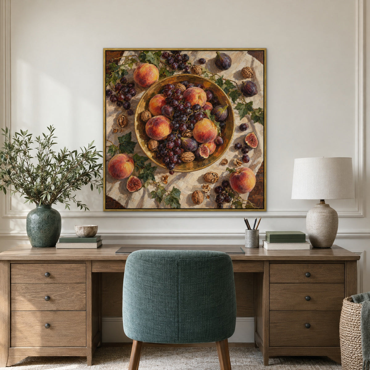 Golden Bowl Feast, brown still life hand-painted canvas wall art in a home office – Gallery 23