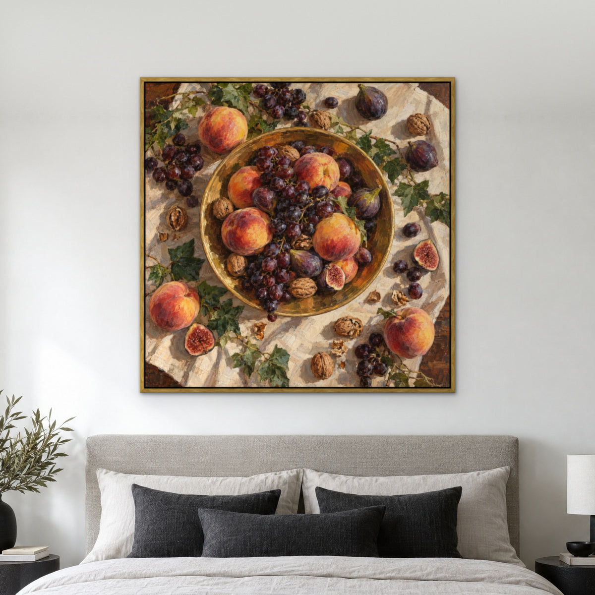 Golden Bowl Feast, brown still life hand-painted canvas wall art in a bedroom – Gallery 23