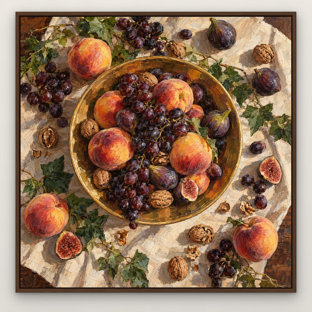 Golden Bowl Feast, brown still life hand-painted canvas wall art in a slim walnut float frame – Gallery 23