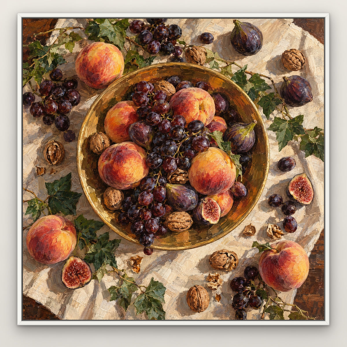 Golden Bowl Feast, brown still life hand-painted canvas wall art in a slim white float frame – Gallery 23