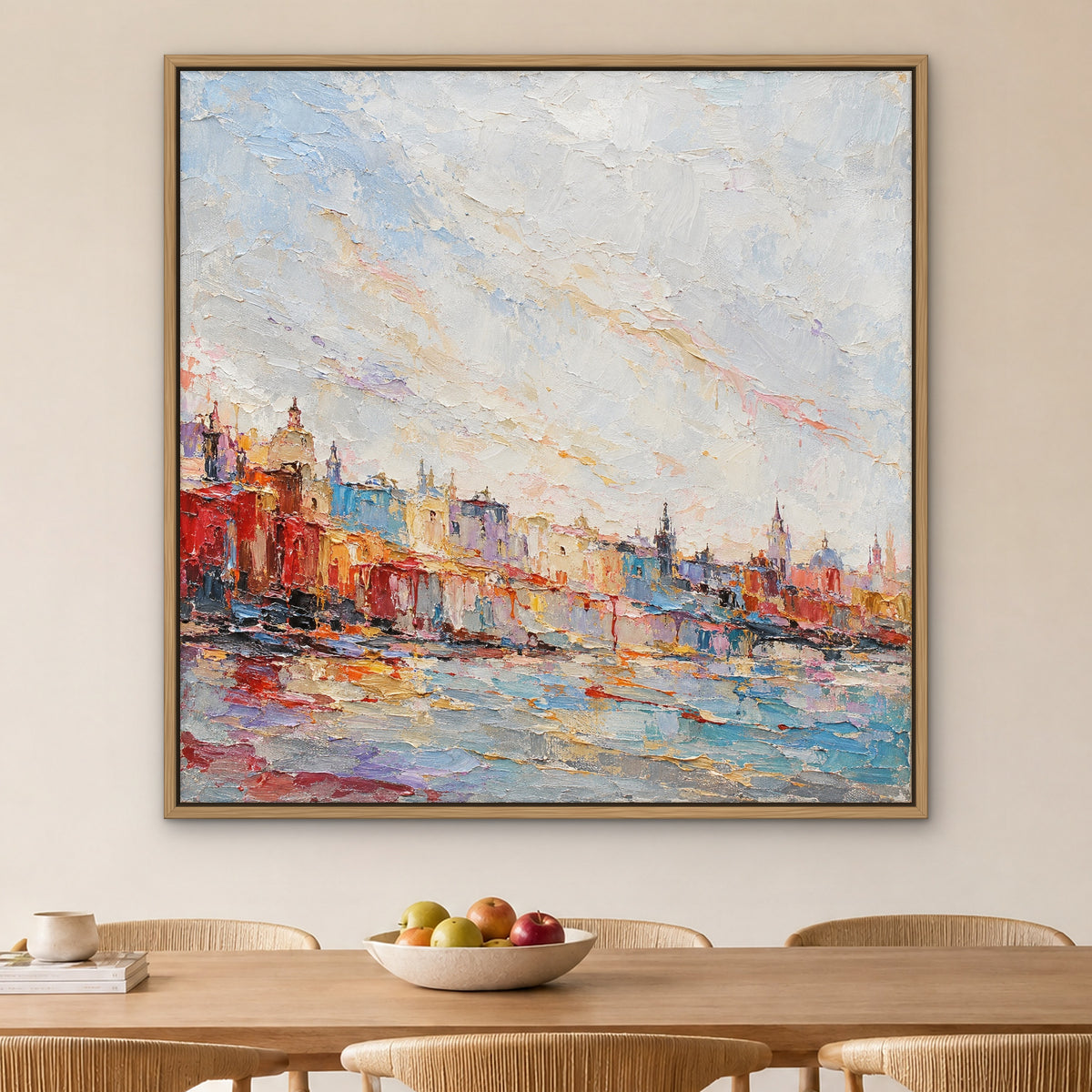 Melting City Colours, colourful abstract hand-painted canvas wall art in a dining room – Gallery 23