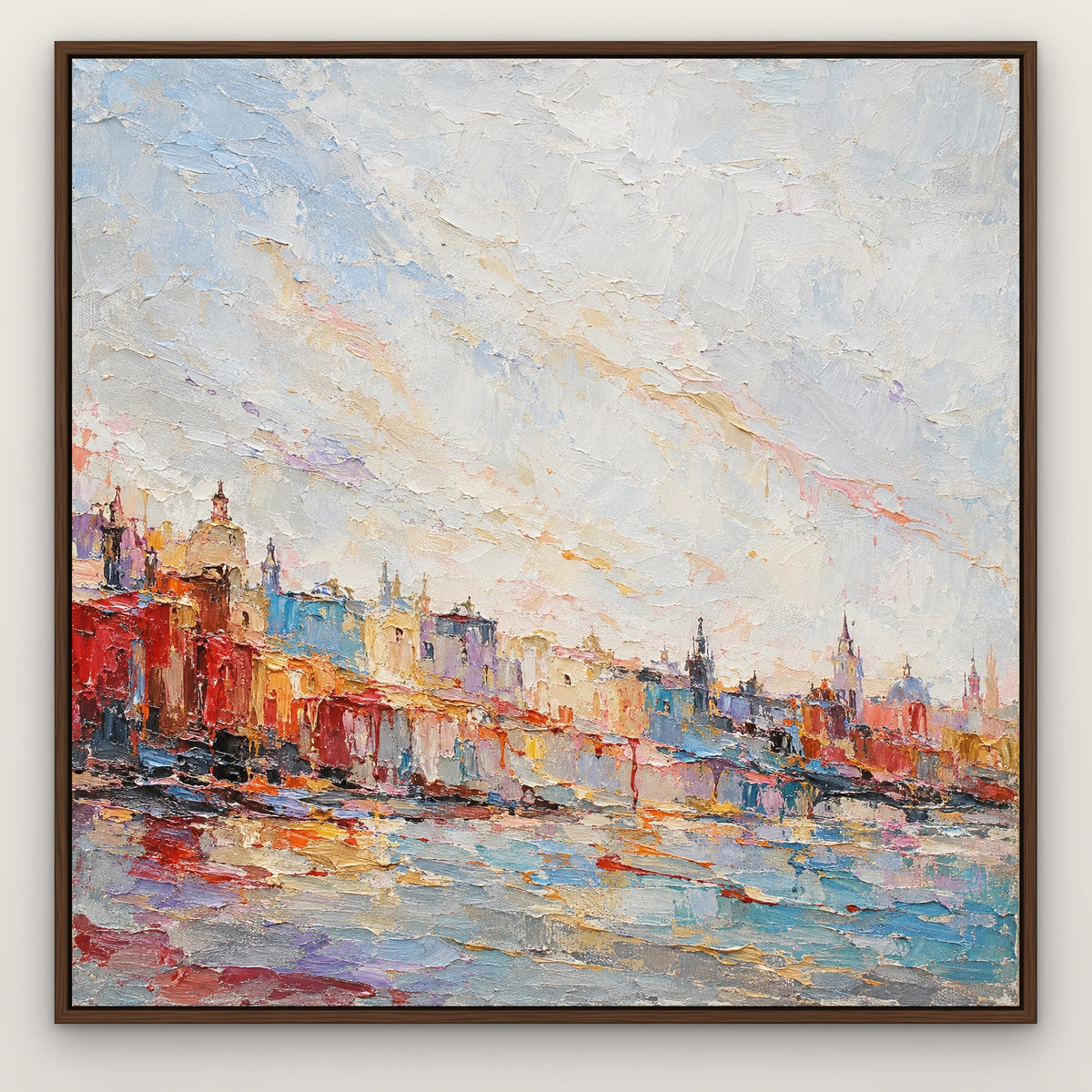 Melting City Colours, colourful abstract hand-painted canvas wall art in a slim walnut float frame – Gallery 23