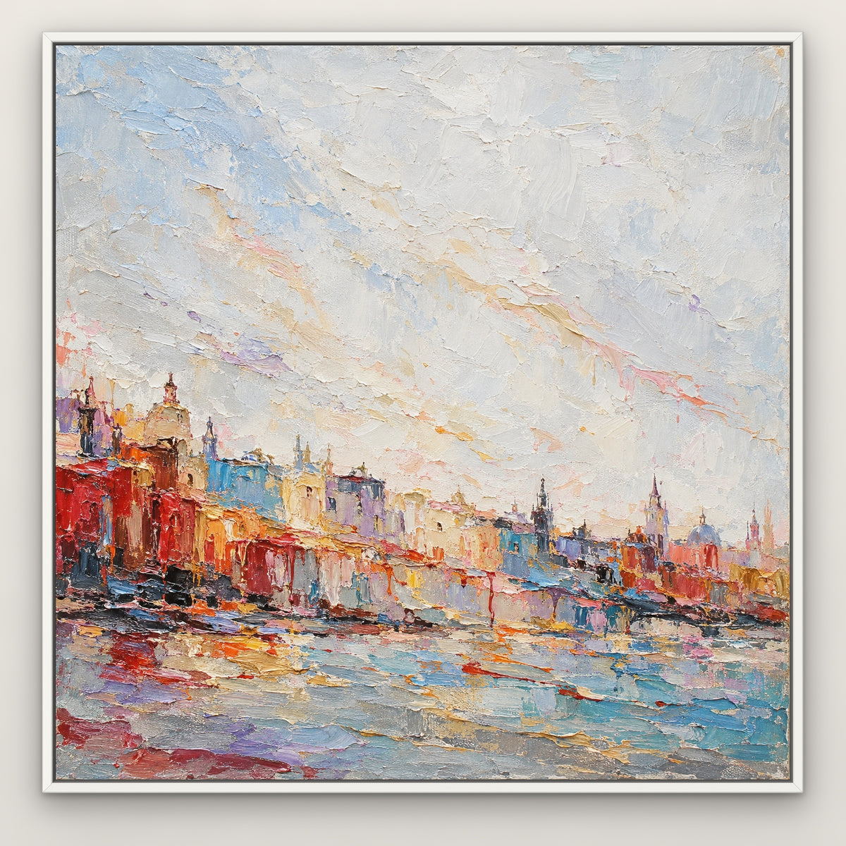 Melting City Colours, colourful abstract hand-painted canvas wall art in a slim white float frame – Gallery 23