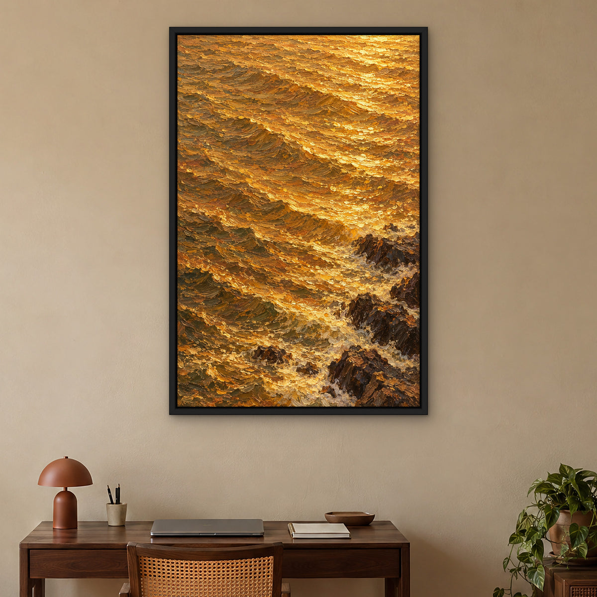 Golden Sea Glow, yellow seascape hand-painted canvas wall art in a home office – Gallery 23