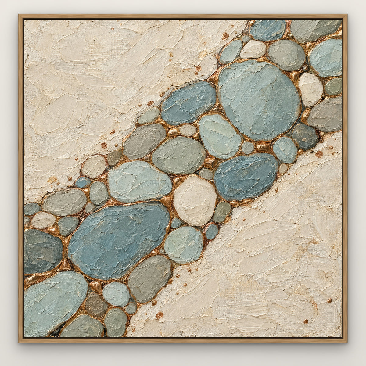 Copper Pebbles, teal abstract hand-painted canvas wall art in a slim oak float frame – Gallery 23