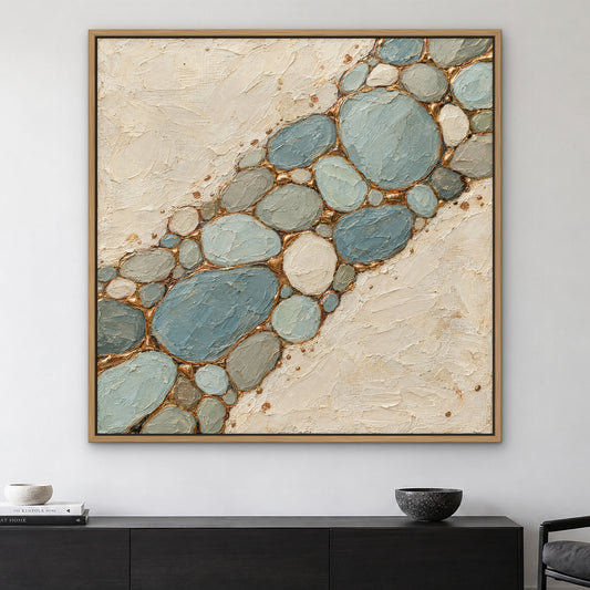 Copper Pebbles, teal abstract hand-painted canvas wall art in a living room – Gallery 23
