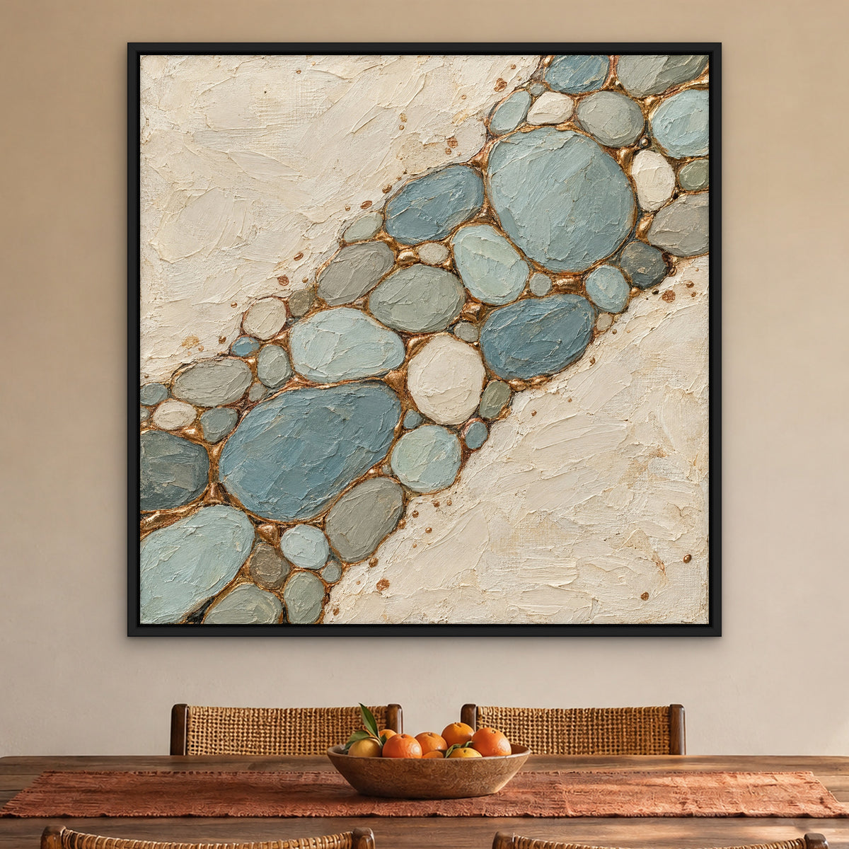 Copper Pebbles, teal abstract hand-painted canvas wall art in a dining room – Gallery 23
