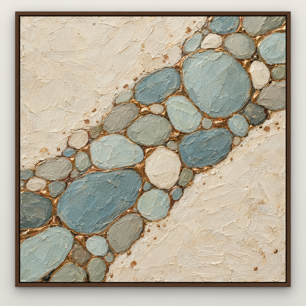 Copper Pebbles, teal abstract hand-painted canvas wall art in a slim walnut float frame – Gallery 23