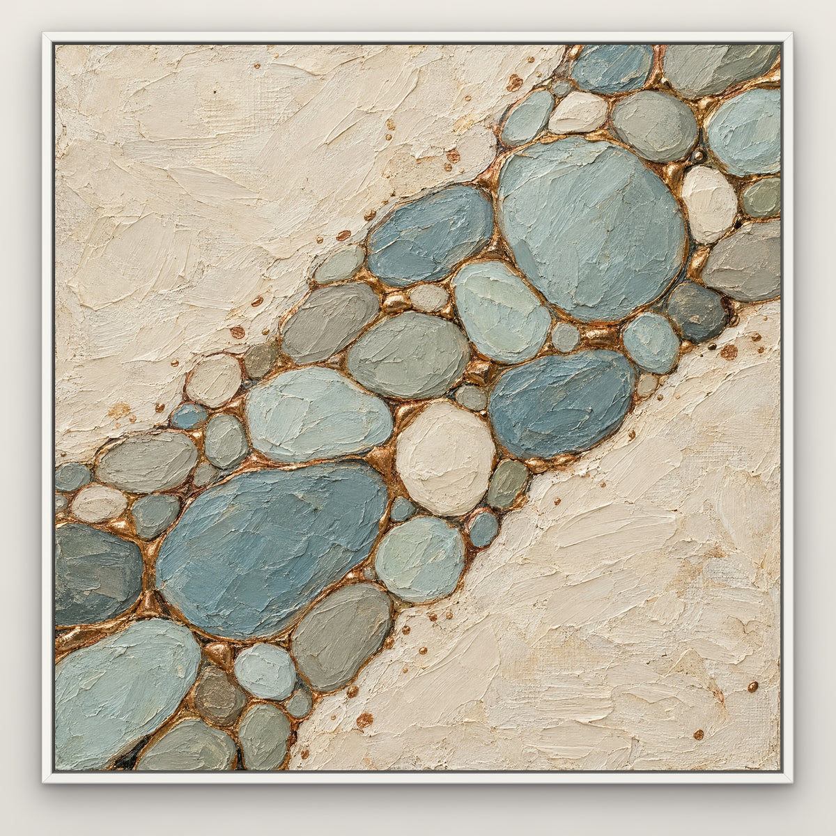 Copper Pebbles, teal abstract hand-painted canvas wall art in a slim white float frame – Gallery 23