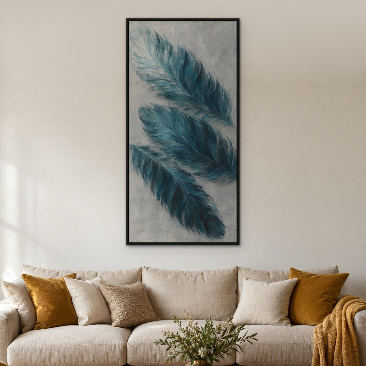 Teal Plume, neutral floral hand-painted canvas wall art in a living room – Gallery 23