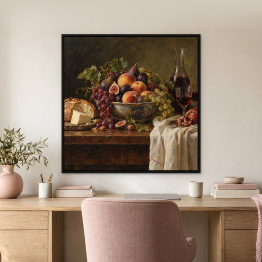 Banquet of Plenty, red still life hand-painted canvas wall art in a home office – Gallery 23