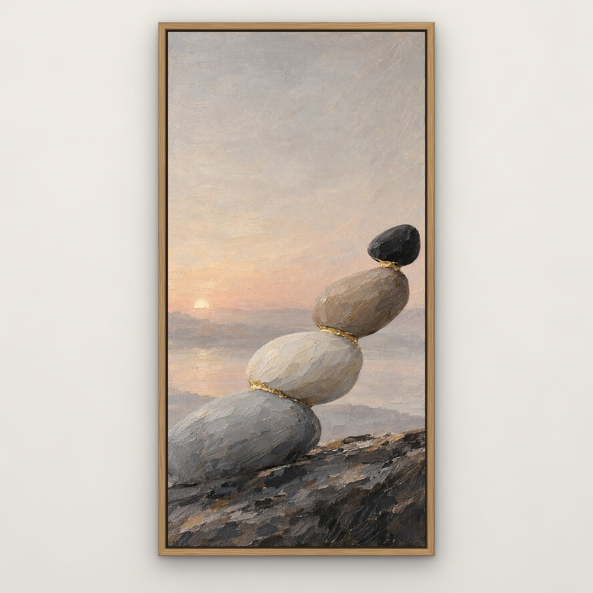 Black Stone Balance, gold abstract hand-painted canvas wall art in a slim oak float frame – Gallery 23