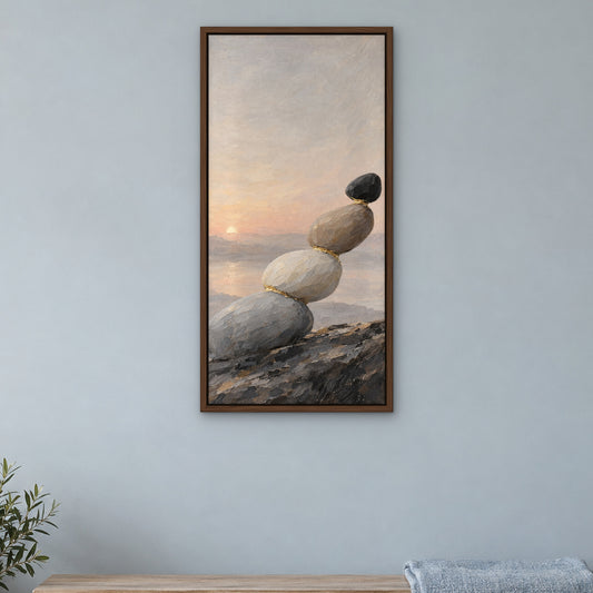 Black Stone Balance, gold abstract hand-painted canvas wall art in a bedroom – Gallery 23