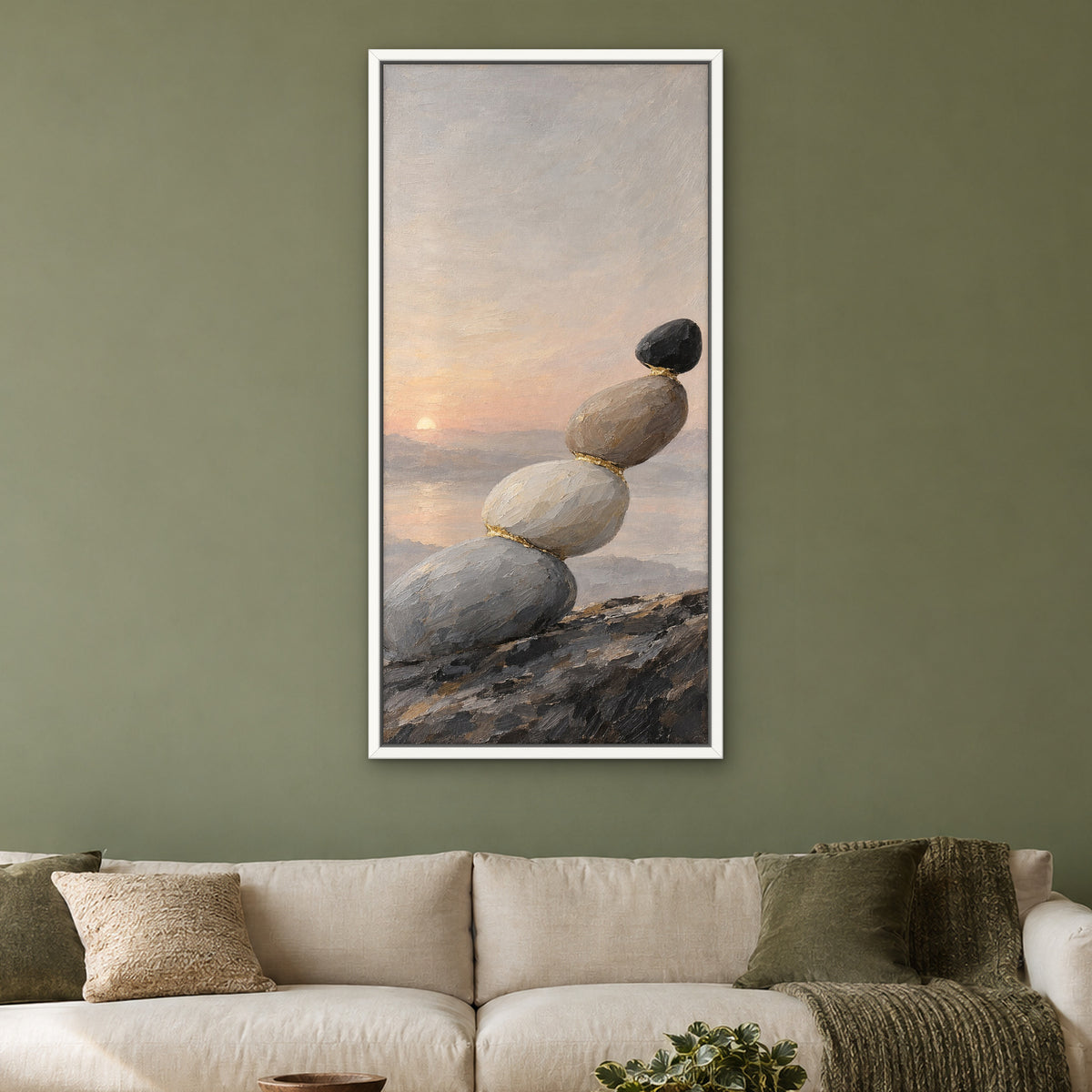 Black Stone Balance, gold abstract hand-painted canvas wall art in a living room – Gallery 23