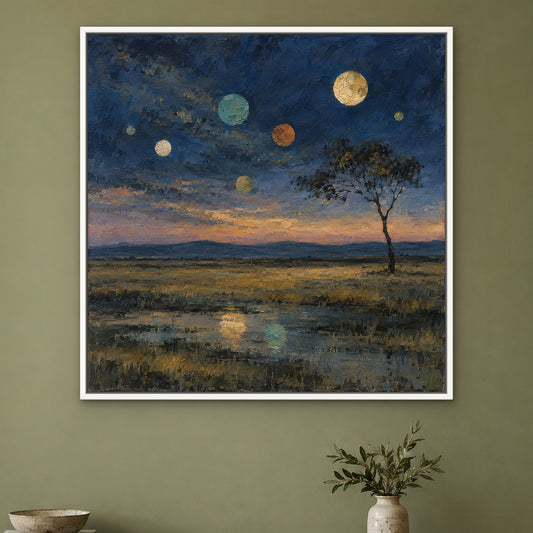 Tree of Coloured Moons, gold hand-painted canvas wall art in a hallway – Gallery 23