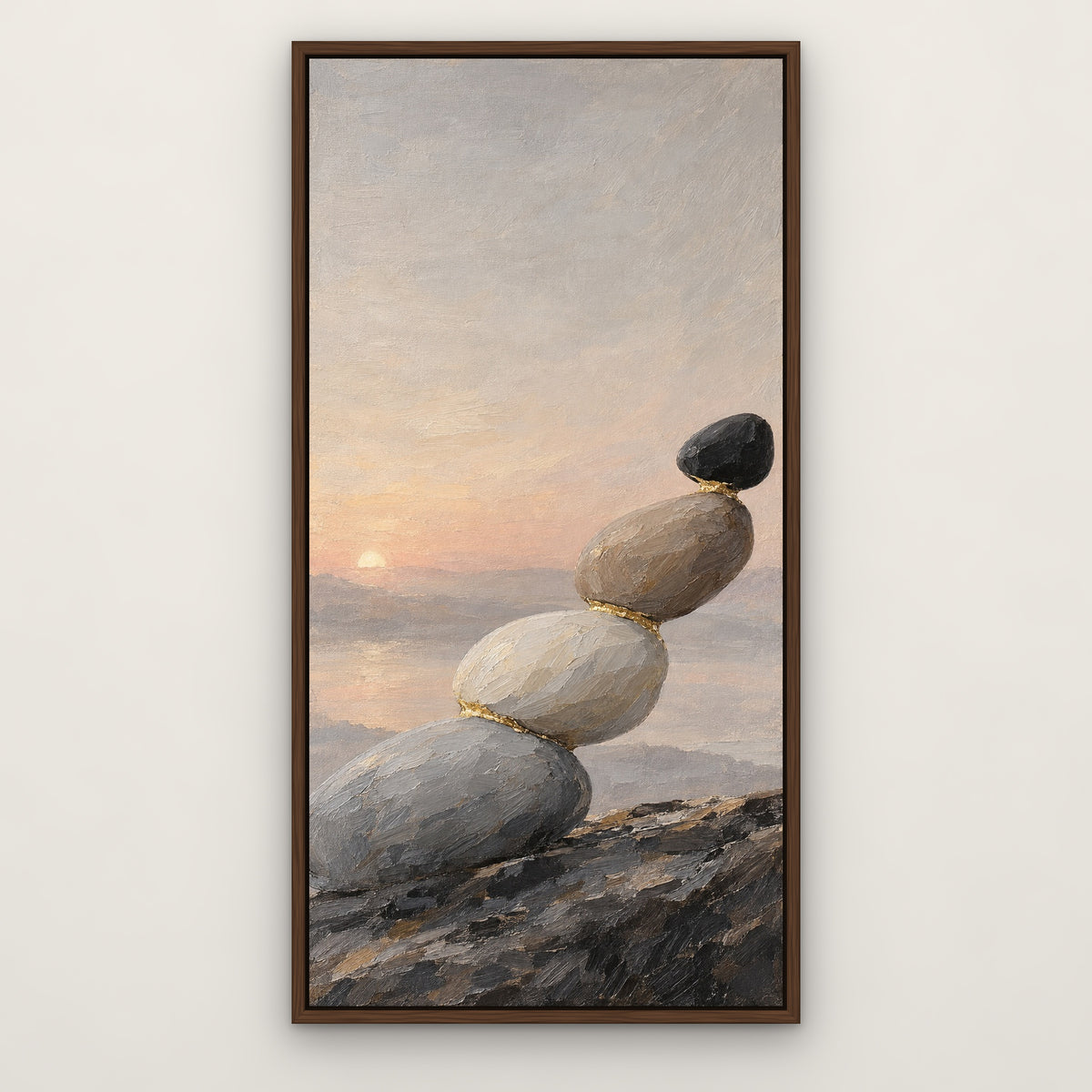 Black Stone Balance, gold abstract hand-painted canvas wall art in a slim walnut float frame – Gallery 23