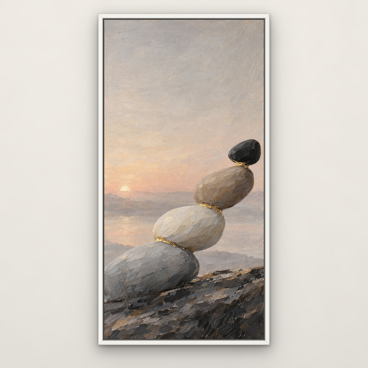 Black Stone Balance, gold abstract hand-painted canvas wall art in a slim white float frame – Gallery 23