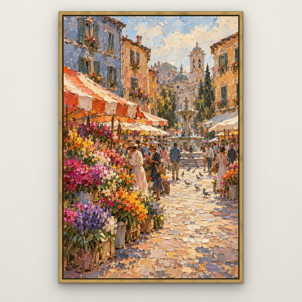 Blossom Street Market, blue cityscape hand-painted canvas wall art in a slim antique gold float frame – Gallery 23