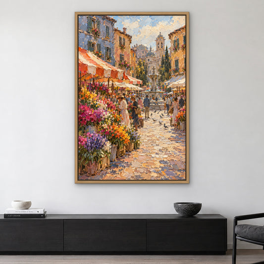 Blossom Street Market, blue cityscape hand-painted canvas wall art in a living room – Gallery 23
