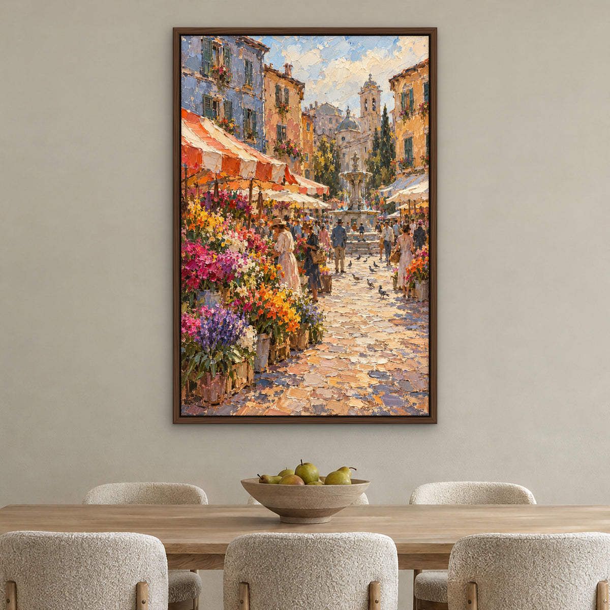 Blossom Street Market, blue cityscape hand-painted canvas wall art in a dining room – Gallery 23
