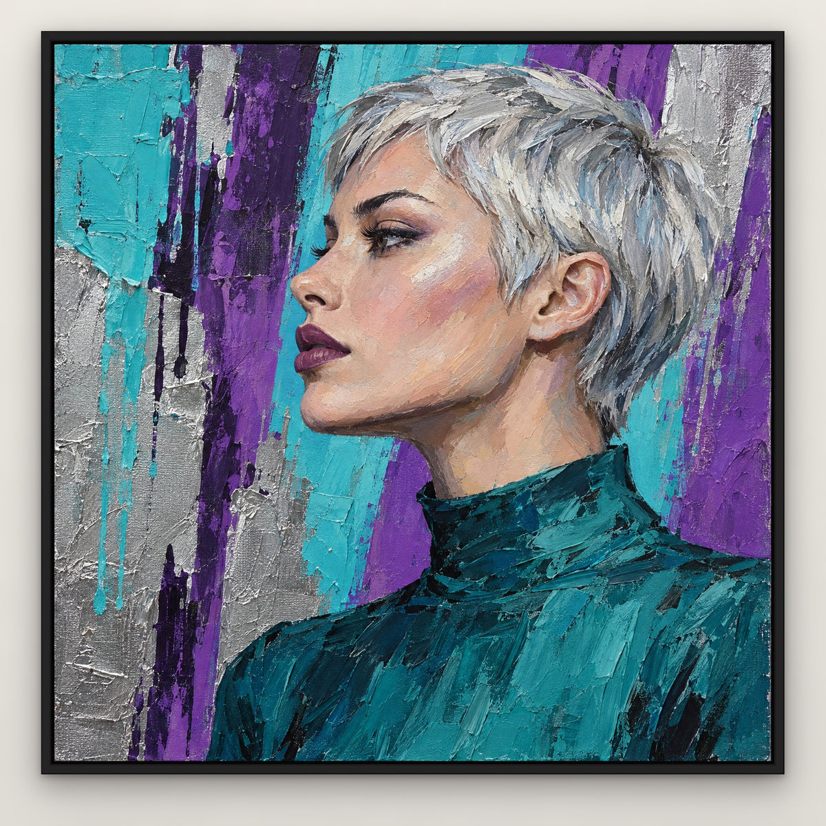 Platinum Pop Portrait, colourful pop art hand-painted canvas wall art in a black frame – Gallery 23