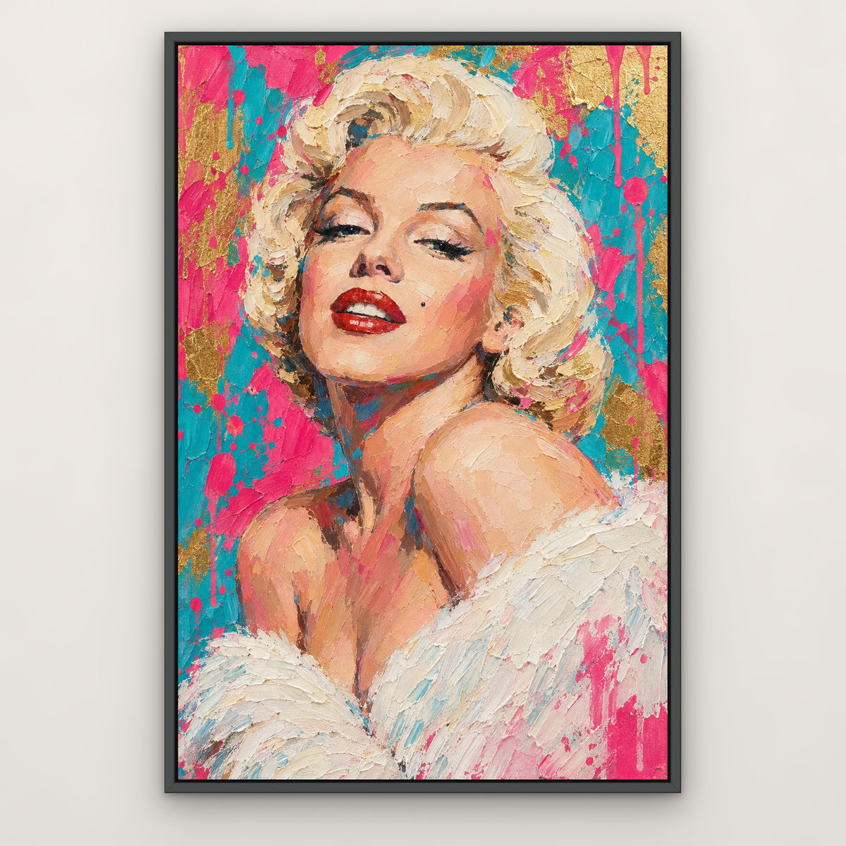 Marilyn, teal pop art hand-painted canvas wall art in a slim dark grey float frame – Gallery 23