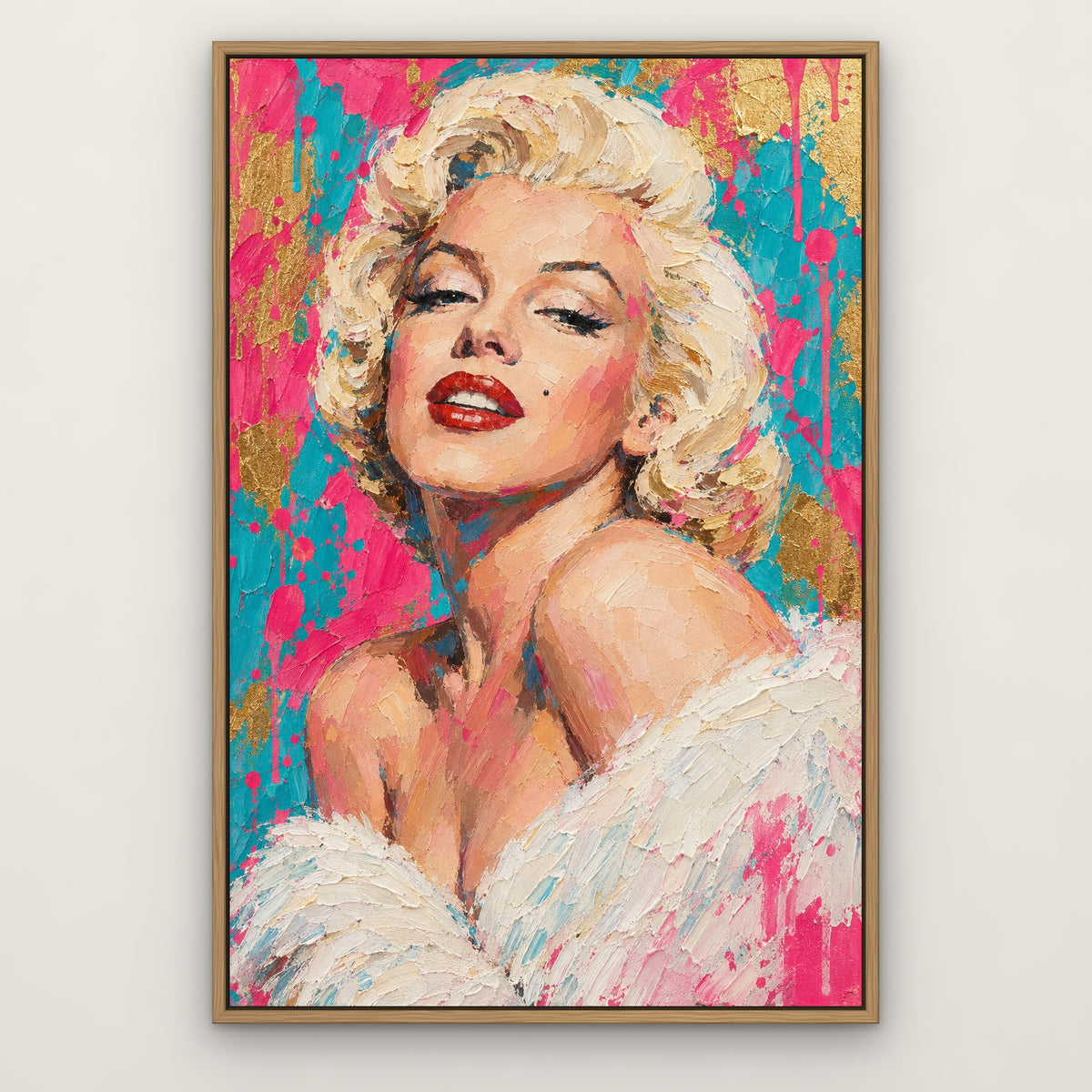 Marilyn, teal pop art hand-painted canvas wall art in a slim oak float frame – Gallery 23
