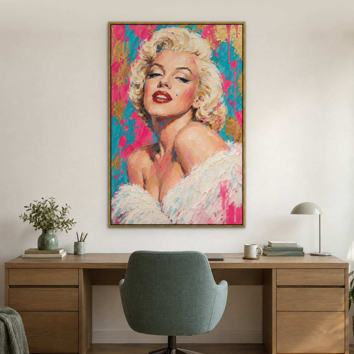 Marilyn, teal pop art hand-painted canvas wall art in a home office – Gallery 23