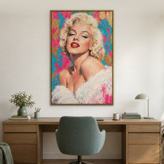 Marilyn, teal pop art hand-painted canvas wall art in a home office – Gallery 23
