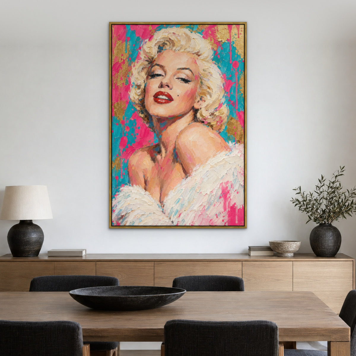 Marilyn, teal pop art hand-painted canvas wall art in a dining room – Gallery 23
