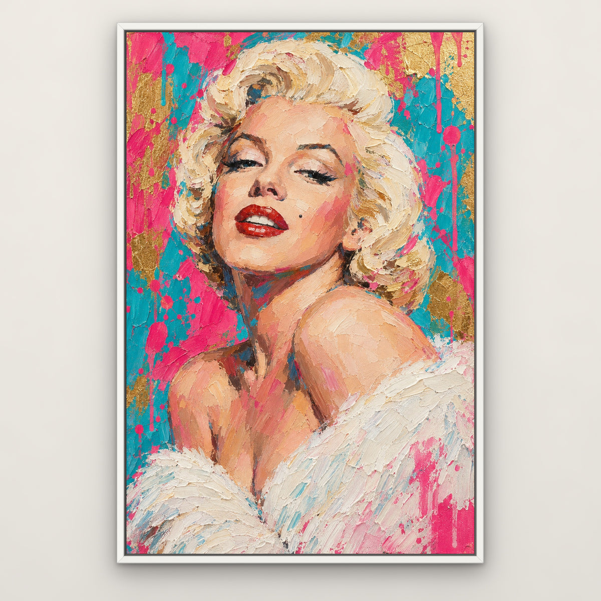 Marilyn, teal pop art hand-painted canvas wall art in a slim white float frame – Gallery 23
