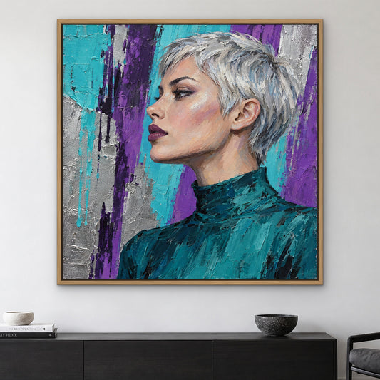Platinum Pop Portrait, colourful pop art hand-painted canvas wall art in a styled room – living room