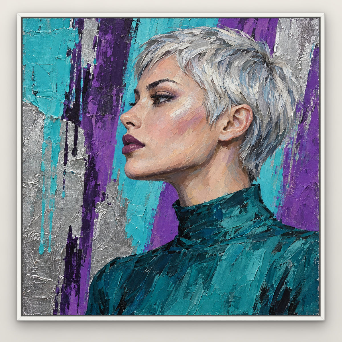 Platinum Pop Portrait, colourful pop art hand-painted canvas wall art in a white frame – Gallery 23
