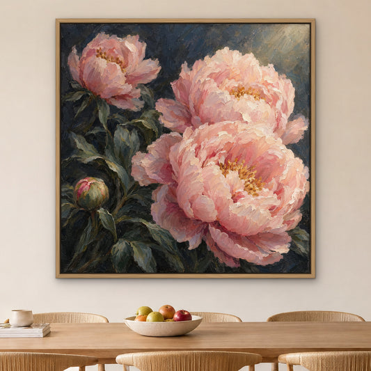 Peony Glow, pink floral hand-painted canvas wall art in a dining room – Gallery 23