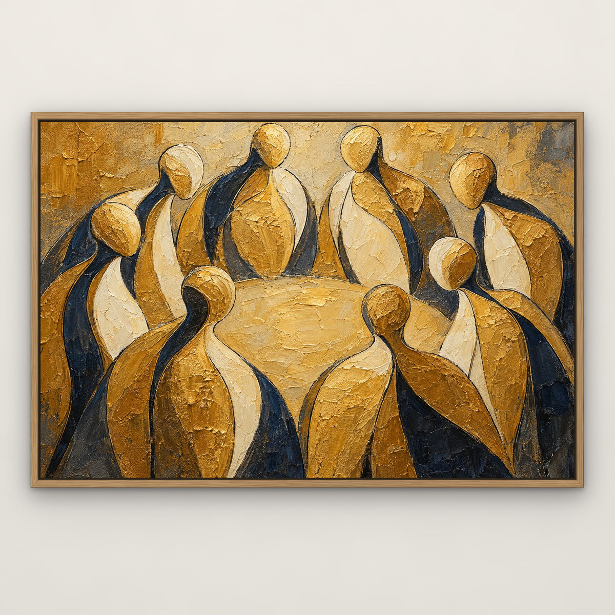 Golden Figures, neutral abstract hand-painted canvas wall art in a slim oak float frame – Gallery 23