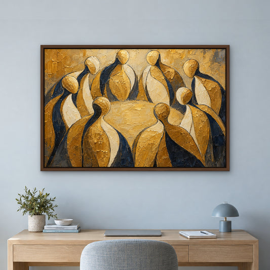 Golden Figures, neutral abstract hand-painted canvas wall art in a home office – Gallery 23