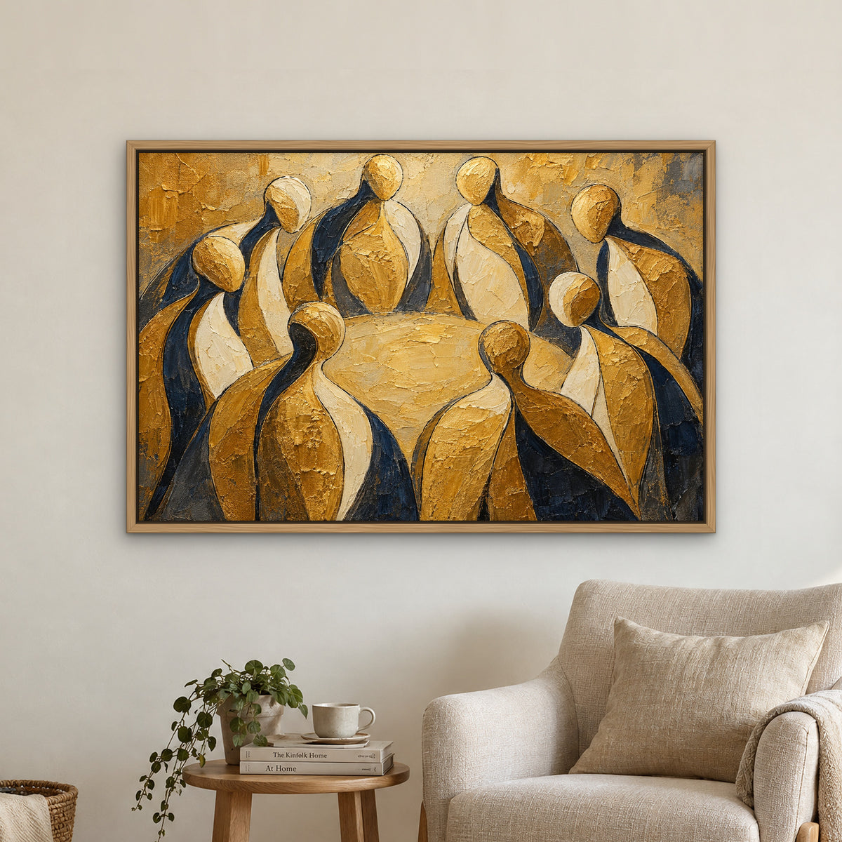 Golden Figures, neutral abstract hand-painted canvas wall art in a reading corner – Gallery 23