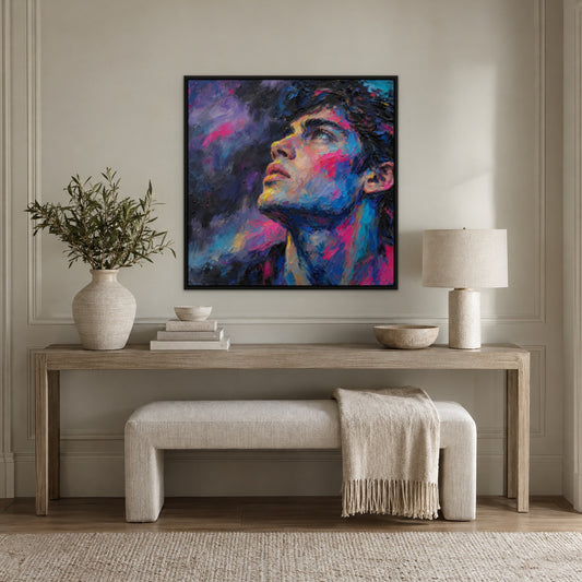 Pink Neon Portrait, colourful hand-painted canvas wall art in a hallway – Gallery 23