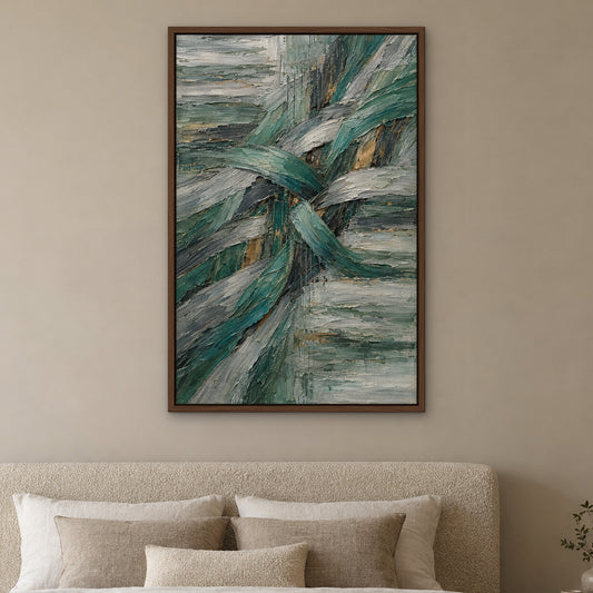Jade Weave, teal abstract hand-painted canvas wall art in a bedroom – Gallery 23