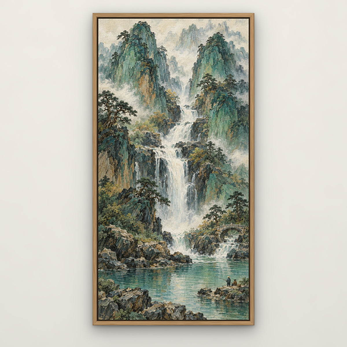 Jade Mountain Falls, green mountain landscape hand-painted canvas wall art in a slim oak float frame – Gallery 23