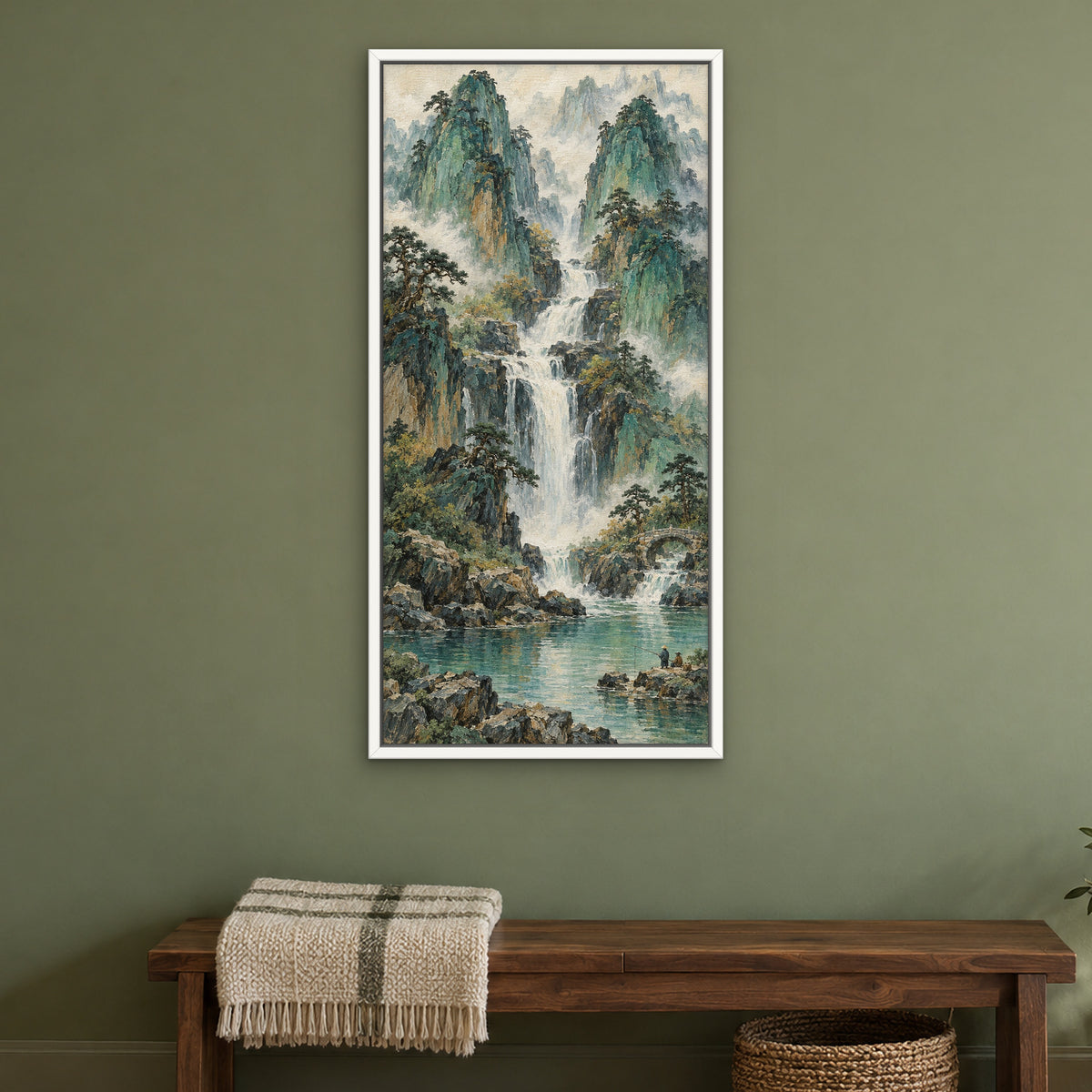Jade Mountain Falls, green mountain landscape hand-painted canvas wall art in a bedroom – Gallery 23