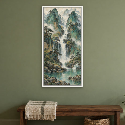 Jade Mountain Falls, green mountain landscape hand-painted canvas wall art in a bedroom – Gallery 23