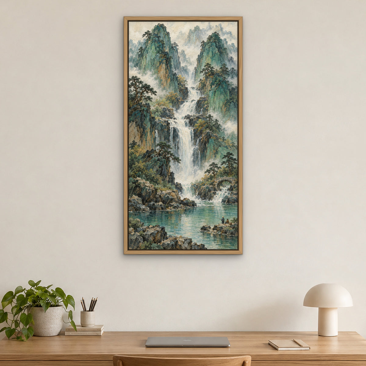 Jade Mountain Falls, green mountain landscape hand-painted canvas wall art in a home office – Gallery 23